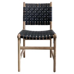 Teak Wood and Black Vintage Leather Woven Strap Dining Chairs