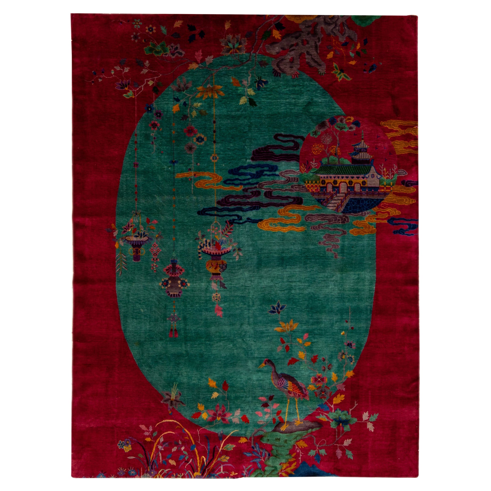 Green And Red Antique Art Deco Handmade Floral Chinese Wool Rug For Sale