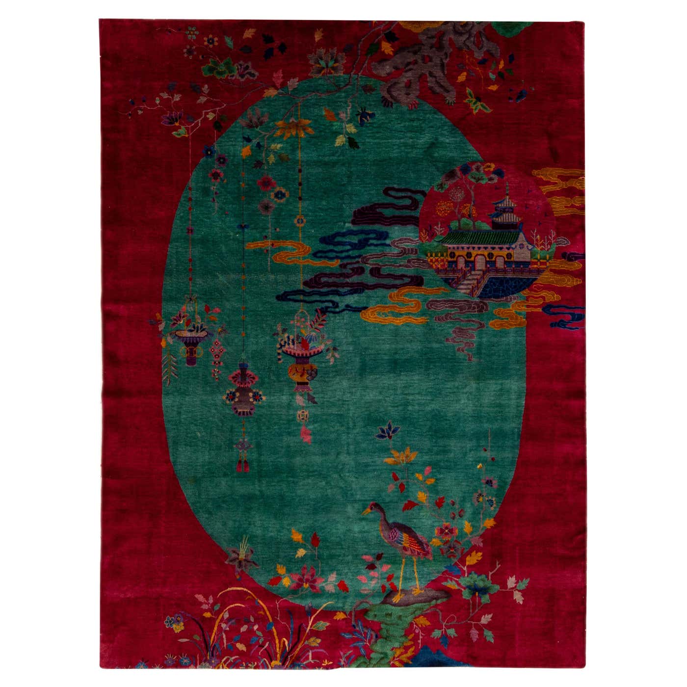 Green And Red Antique Art Deco Handmade Floral Chinese Wool Rug For ...
