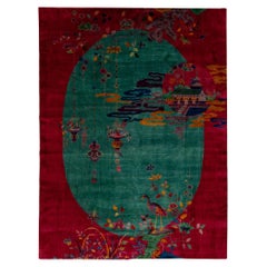Tapis Art Déco ancien en laine chinoise à fleurs vertes et rouges, fait à la main