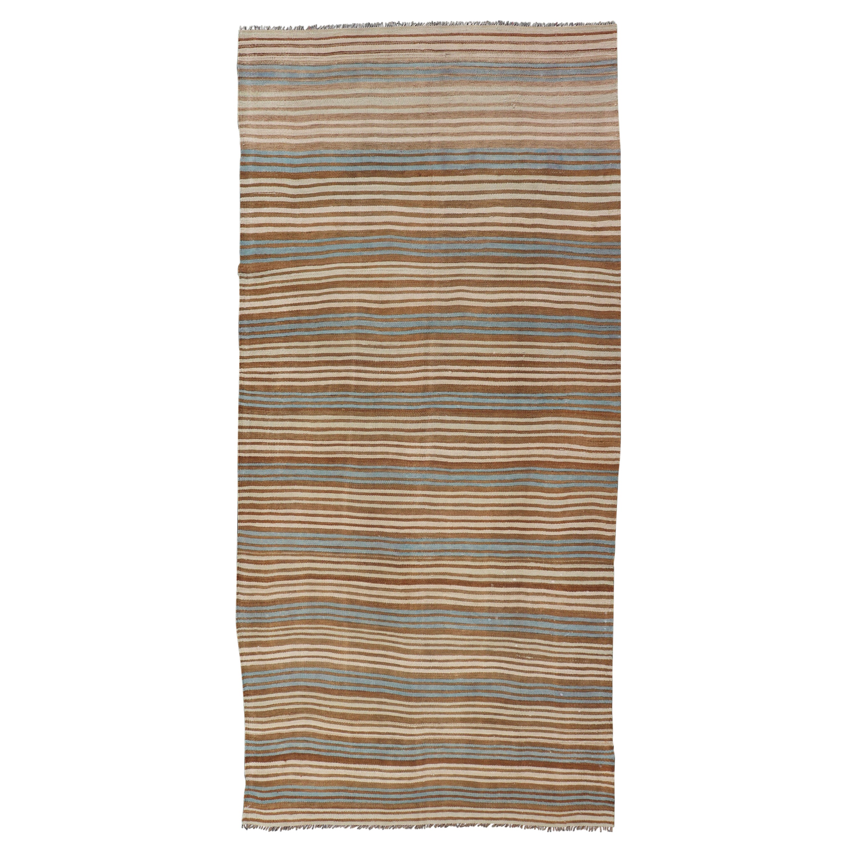 Vintage Hand Woven Turkish Kilim with Stripes in Brown, Cream and Light Blue For Sale