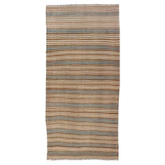 Vintage Hand Woven Turkish Kilim with Stripes in Brown, Cream and Light Blue