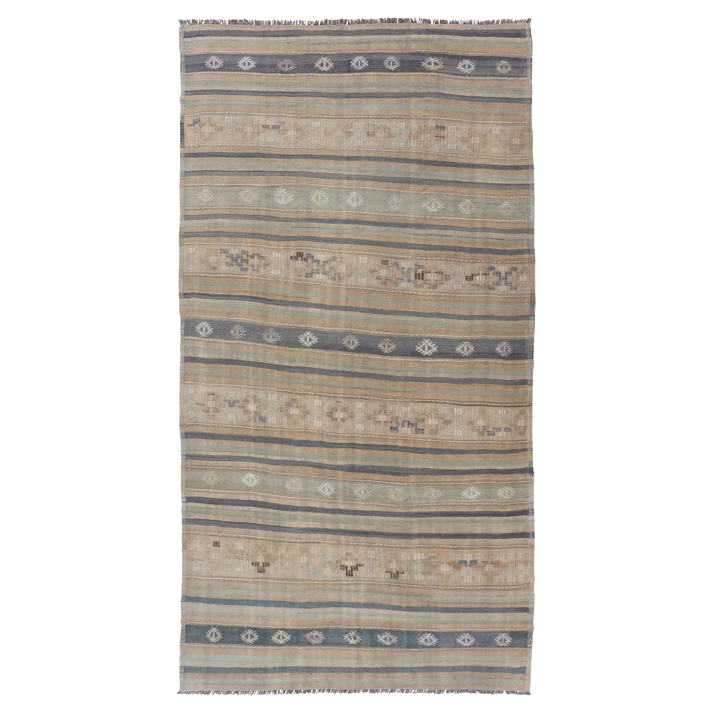 Vintage Hand Woven Turkish Kilim with Stripes in Light Taupe and Neutral Colors