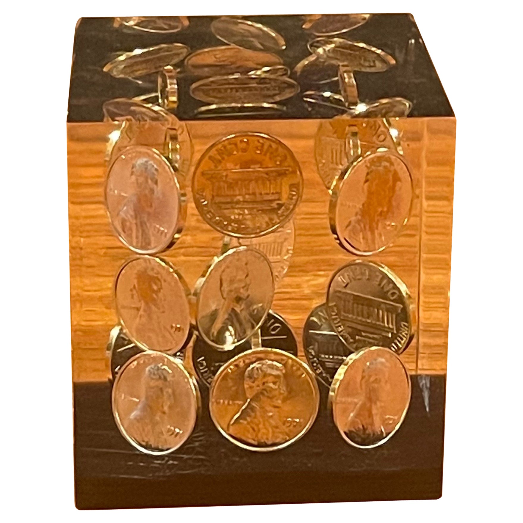 Floating Pennies in Lucite Cube Paperweight in the Style of William Rolfe For Sale
