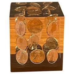 Floating Pennies in Lucite Cube Paperweight in the Style of William Rolfe