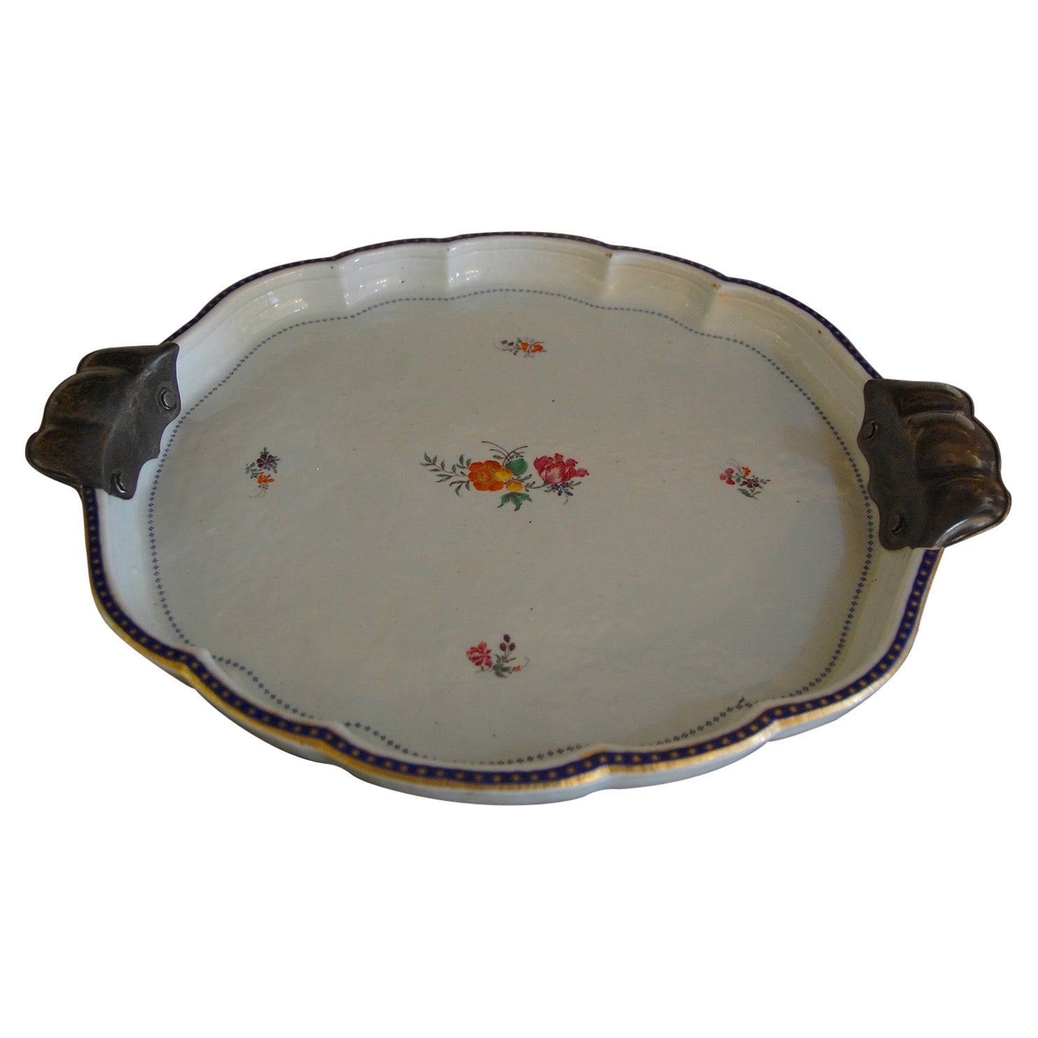 Chinese Chien Lung Period Galleried Tray with English Sterling Silver Handles For Sale