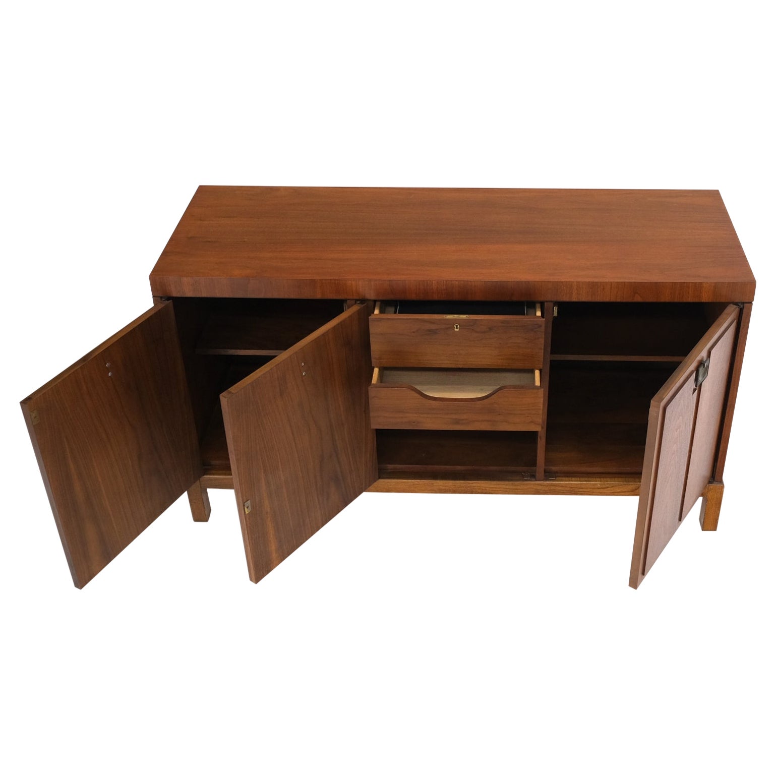 Three Doors Compartments Two Fitted Doors Walnut Mid Century Server Buffet  For Sale