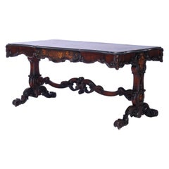 Antique French Burl, Rosewood Satinwood Inlaid, & Ebonized Library Table, C1880