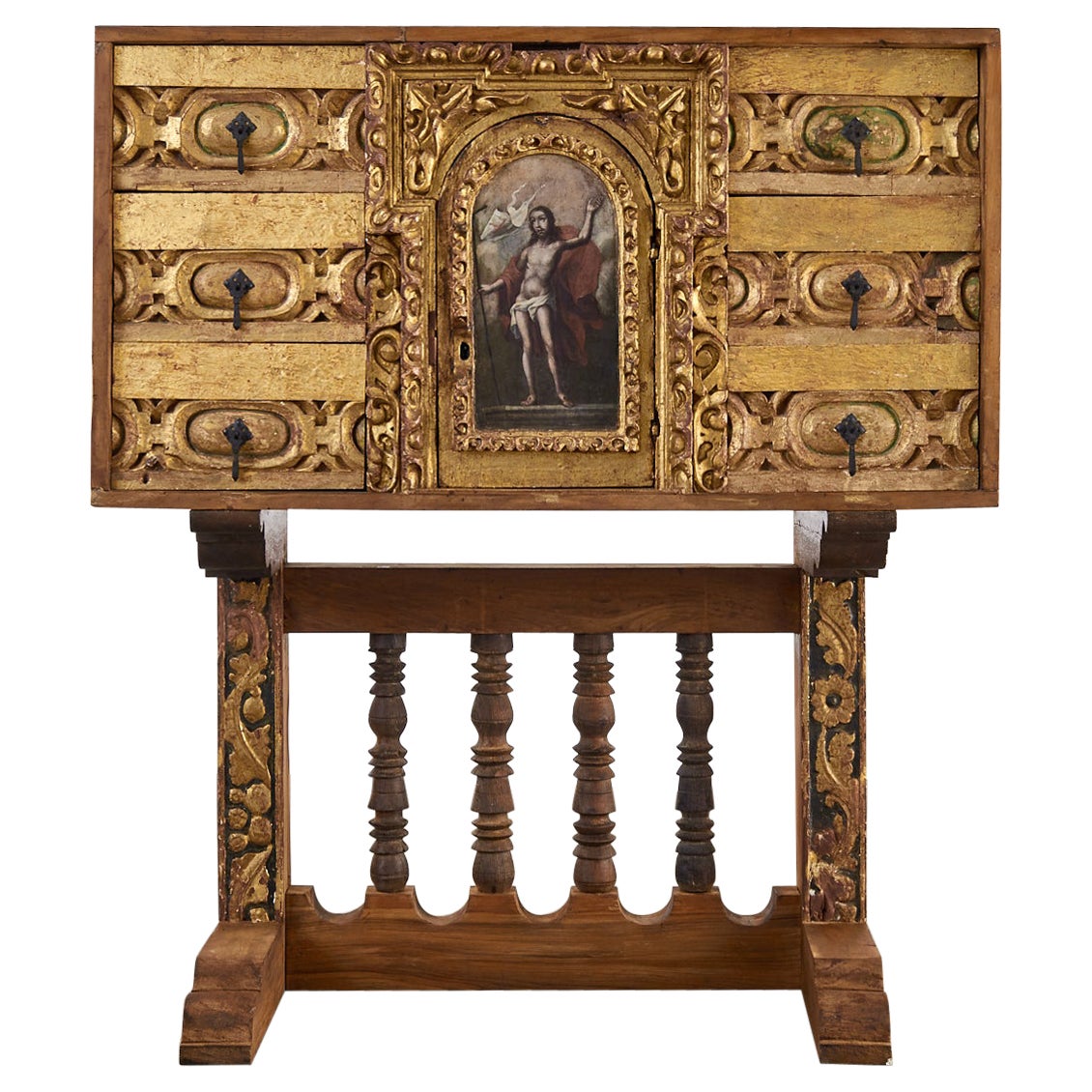 Spanish Baroque Bargueno Style Gilt Cabinet Chest on Stand For Sale