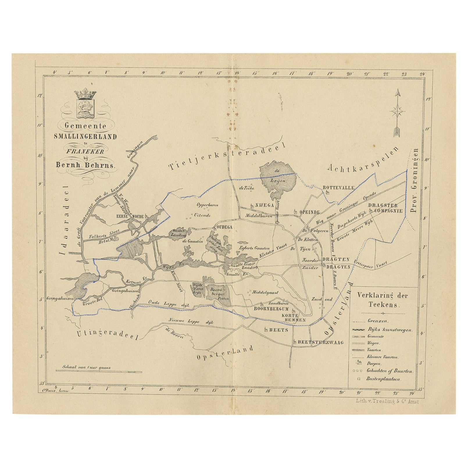 Antike Karte der niederländischen Stadt Smallingerland, 1861