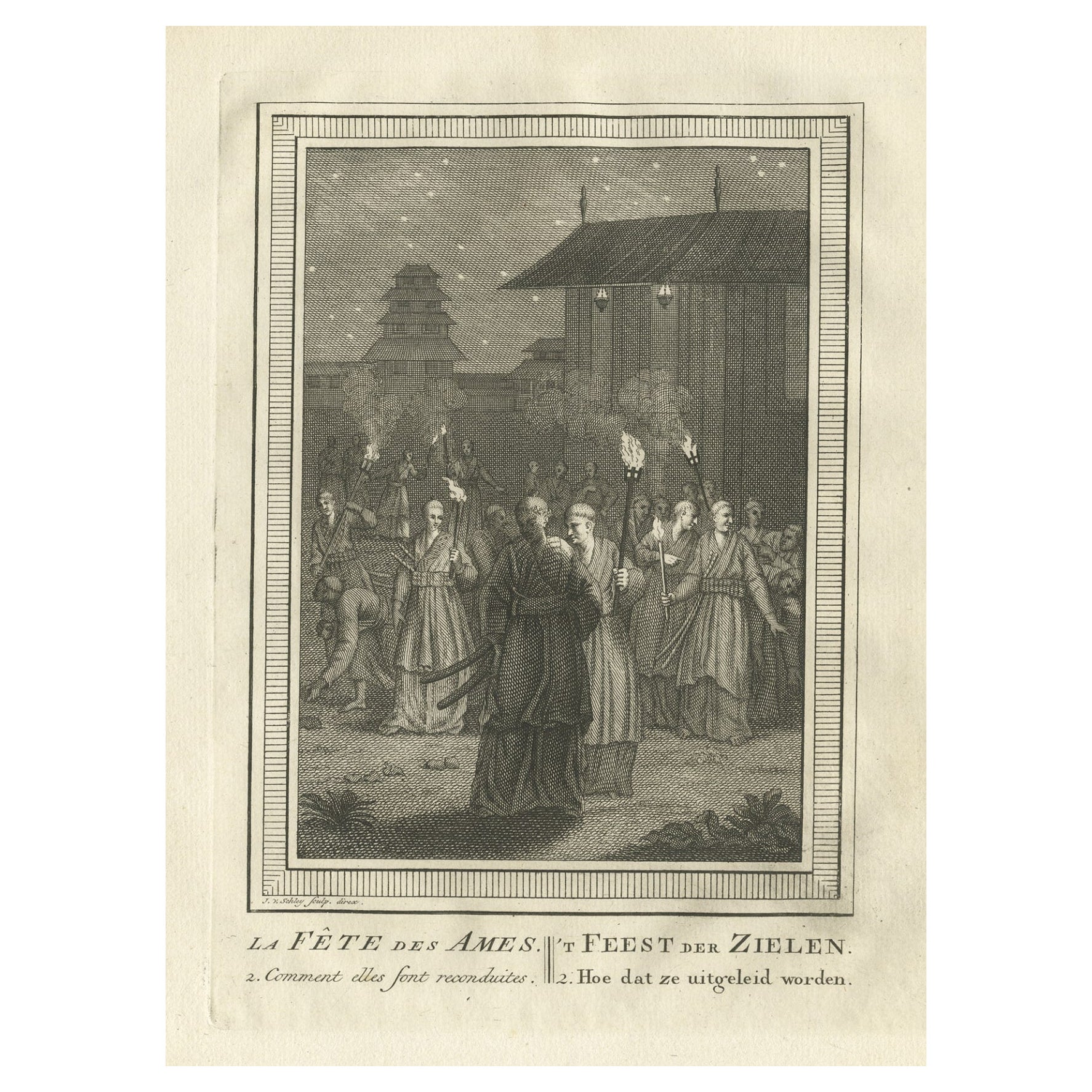 Old Engraving Depicting the Buddhist Festival of Souls 'Obon' in Japan, 1758 For Sale