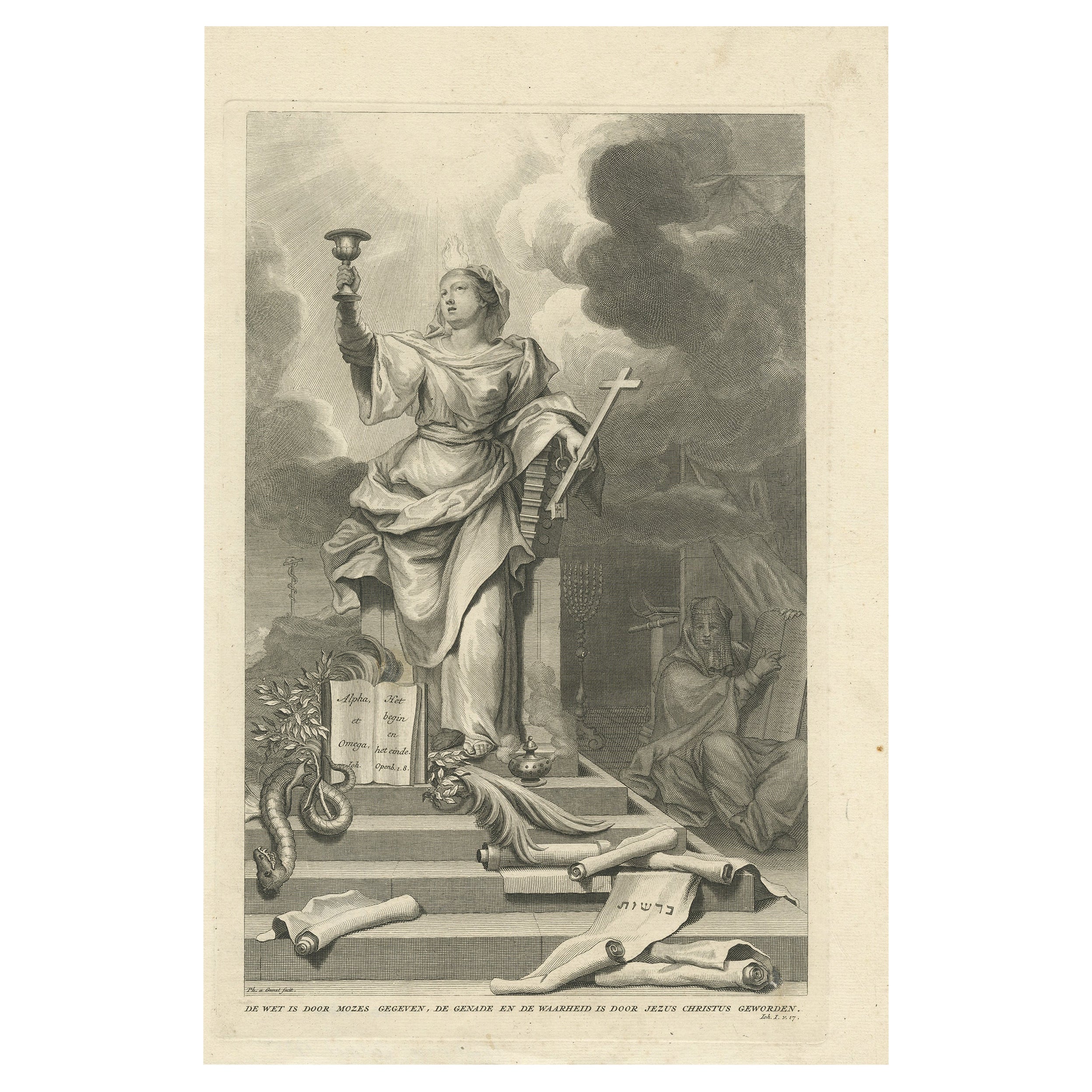 Impression ancienne statue indiquant que la loi est donnée par Moïse, la bénédiction et la vérité par Jésus, 1725