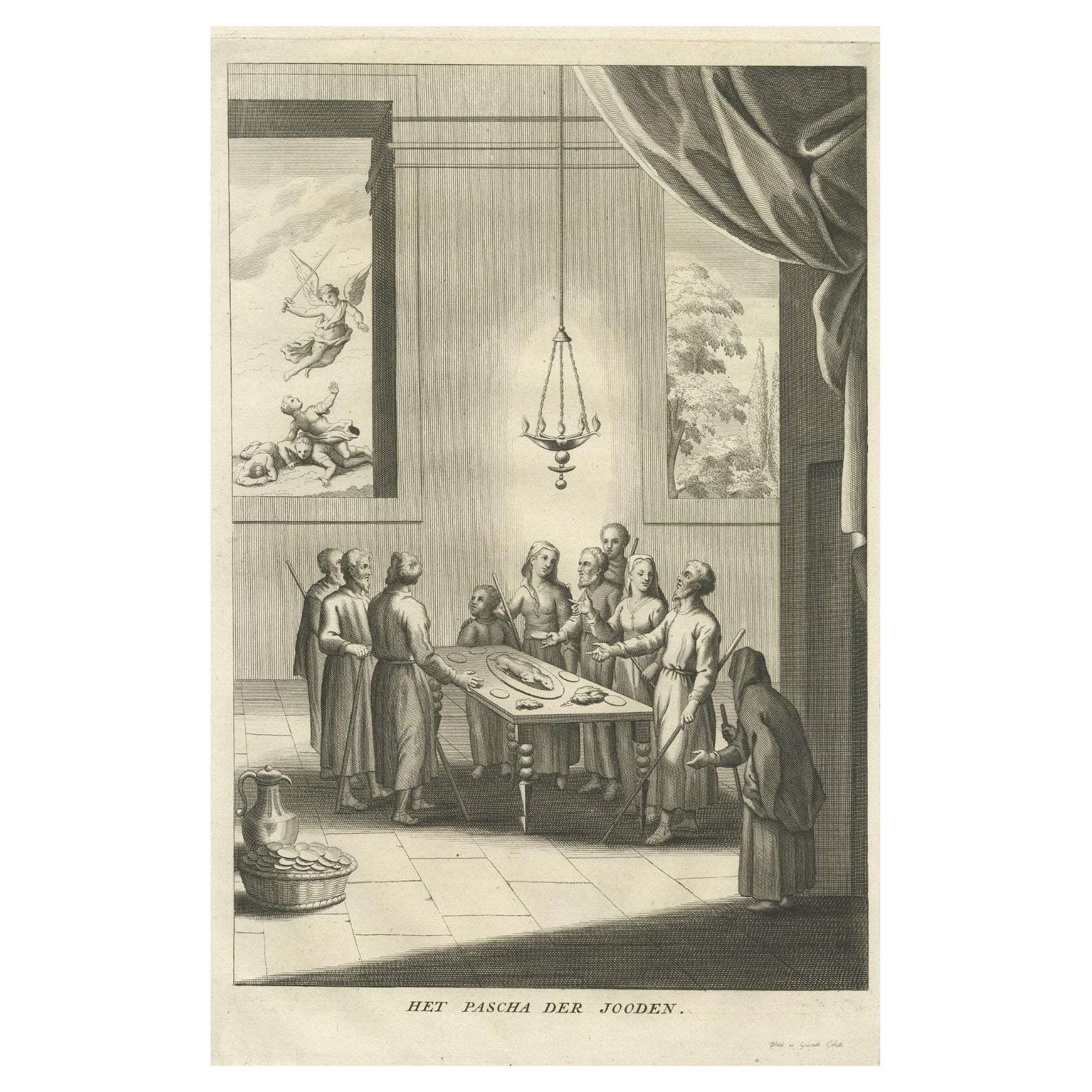 Impression ancienne de la fête juive ou de la commémoration du décès, 1725