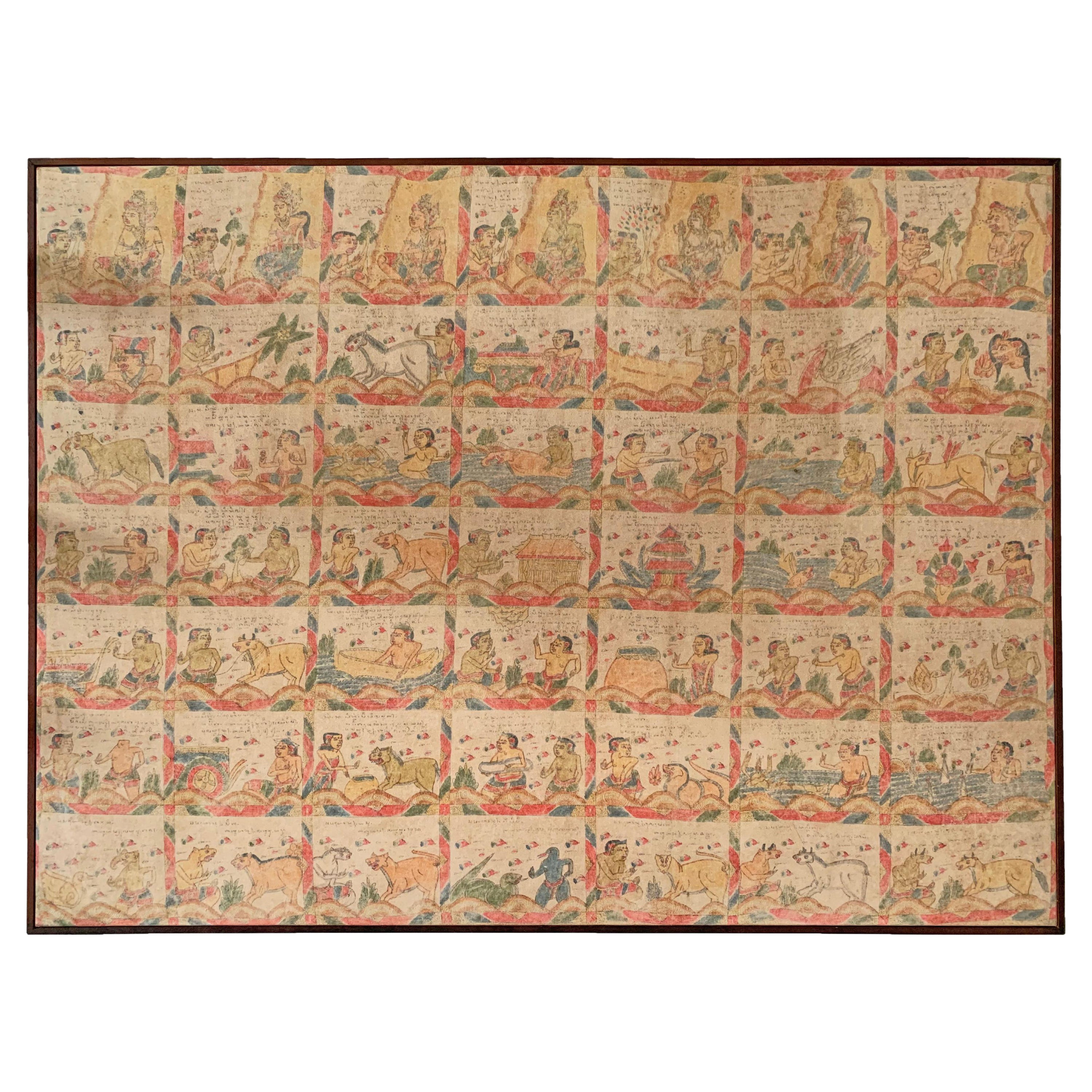 Bali Hindu Textile Framed 'Kamasan' Painting, Indonesia, Early 20th Century