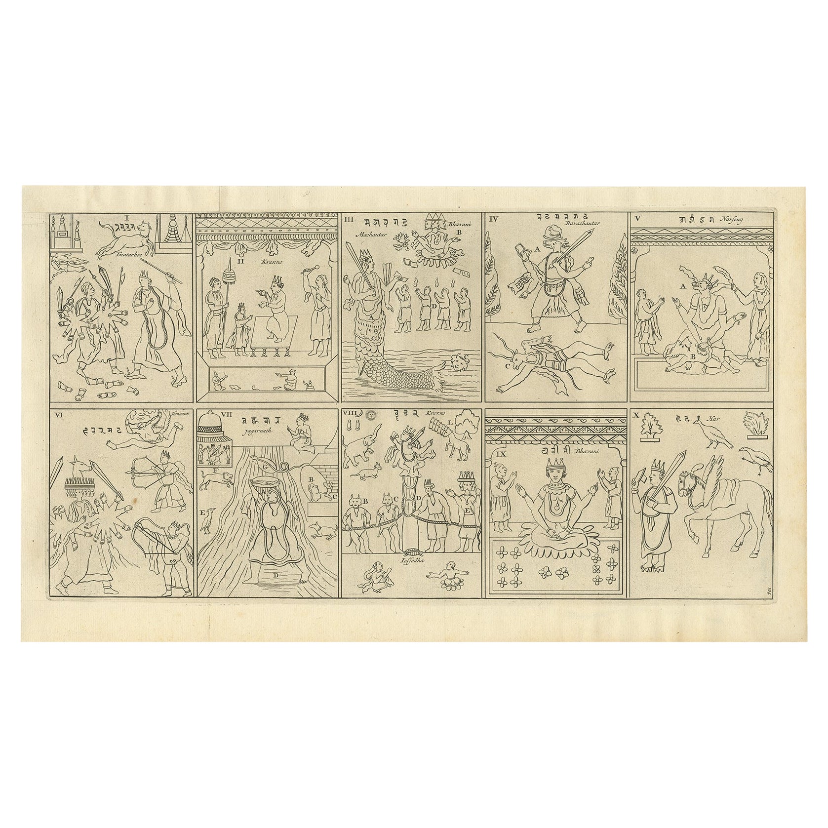 Religious Antique Print of The Ten Divine Transformation, 1727