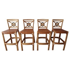 Set of 4 Bamboo and Leather Barstools