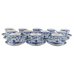 12 Royal Copenhagen Blue Fluted Full Lace Coffee Cups with Saucers