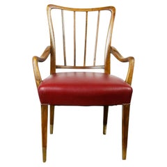 Austrian Midcentury Walnut and red Leather Dining Armchairs by Oswald Haerdtl