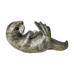 Retro Inuit Stone Carving of a Otter with Shell Signed Drake