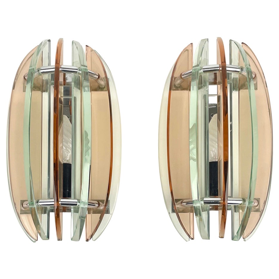 Pair of Wall Sconces in Colored Glass and Chrome by Veca, Italy, 1970s For Sale
