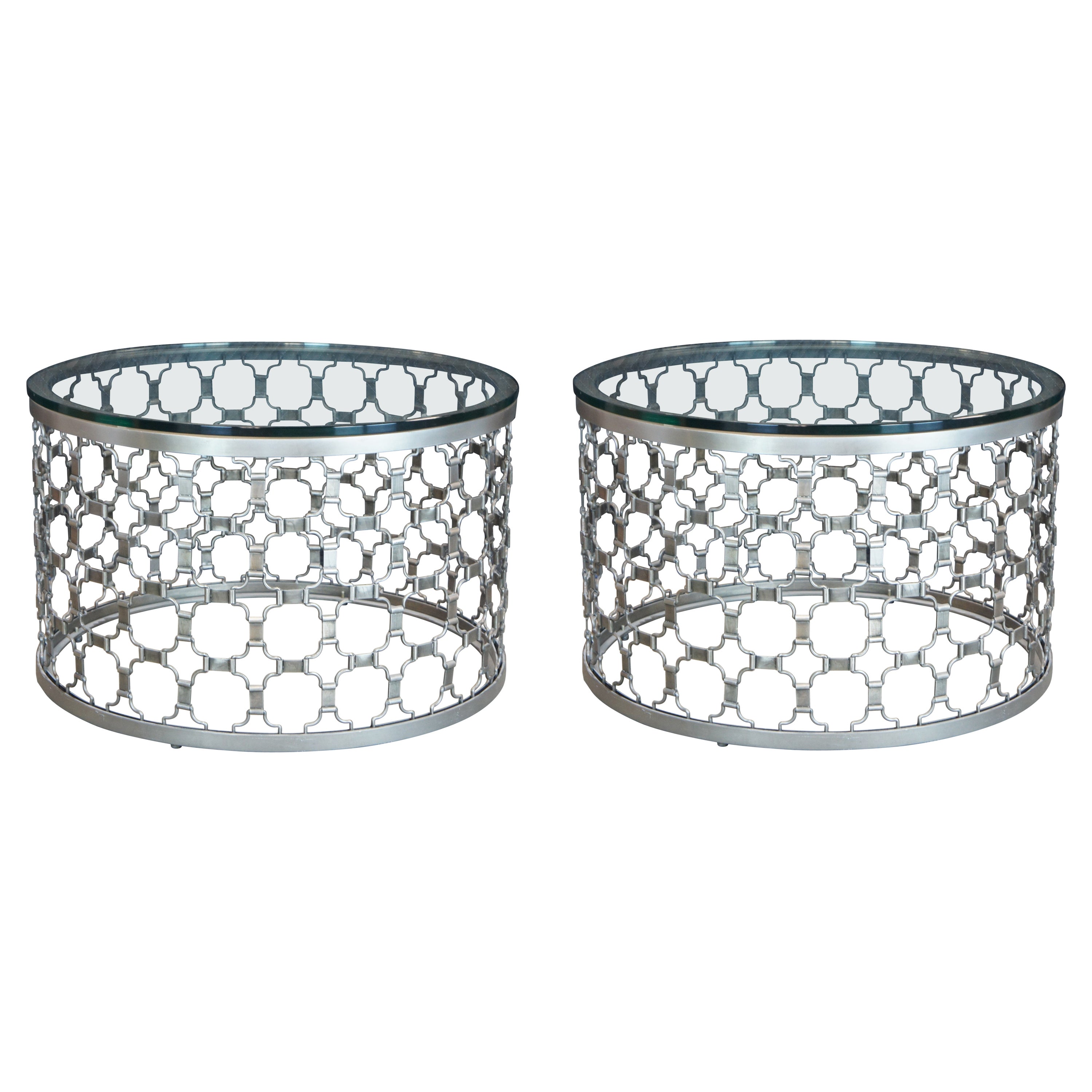 2 Arhaus Naomi Round Aluminum Glass Cocktail Side Drum Coffee Tables Pair For Sale