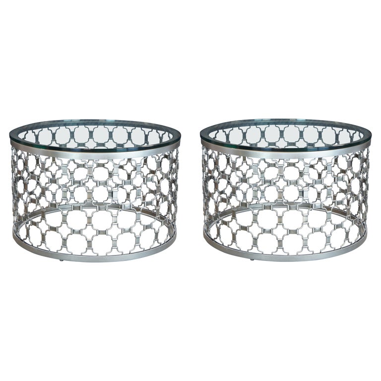 2 Arhaus Naomi Round Aluminum Glass Cocktail Side Drum Coffee Tables