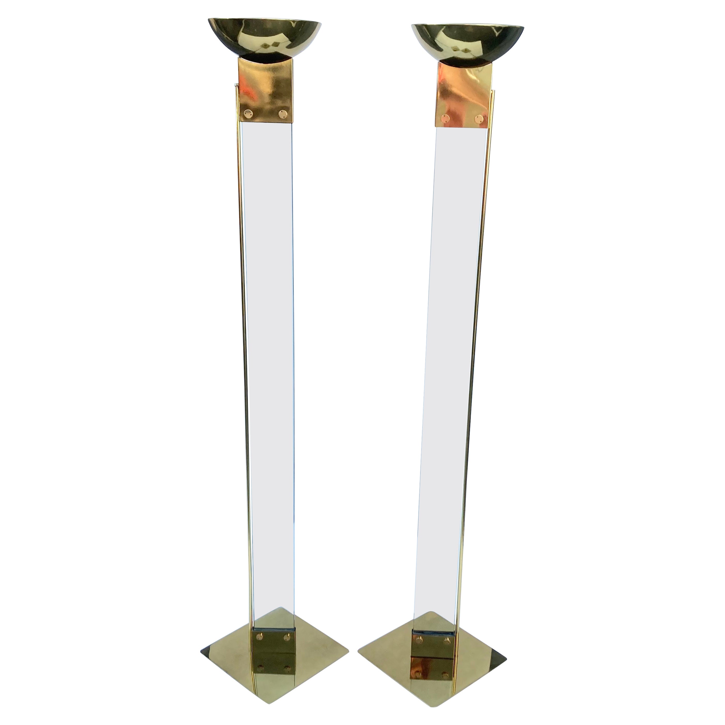 Pair of Italian Brass and Glass "Laser" Floor Lamp by Max Baguara for Lamperti For Sale