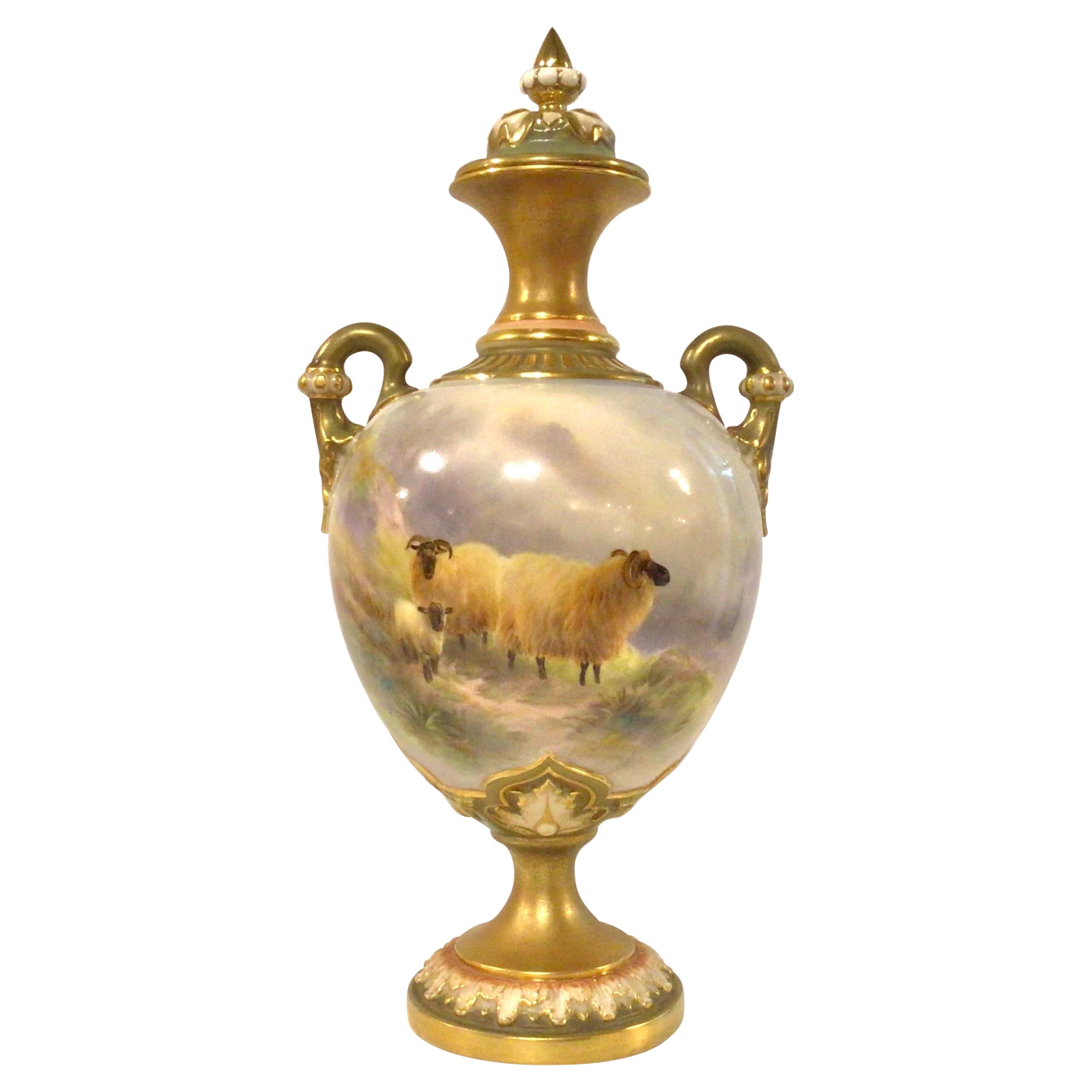 Antique Royal Worcester Harry Davis Sheep Vase