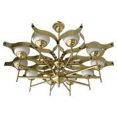 Mid-Century Brass and Opaline Glass Chandelier, Italy, 1960s