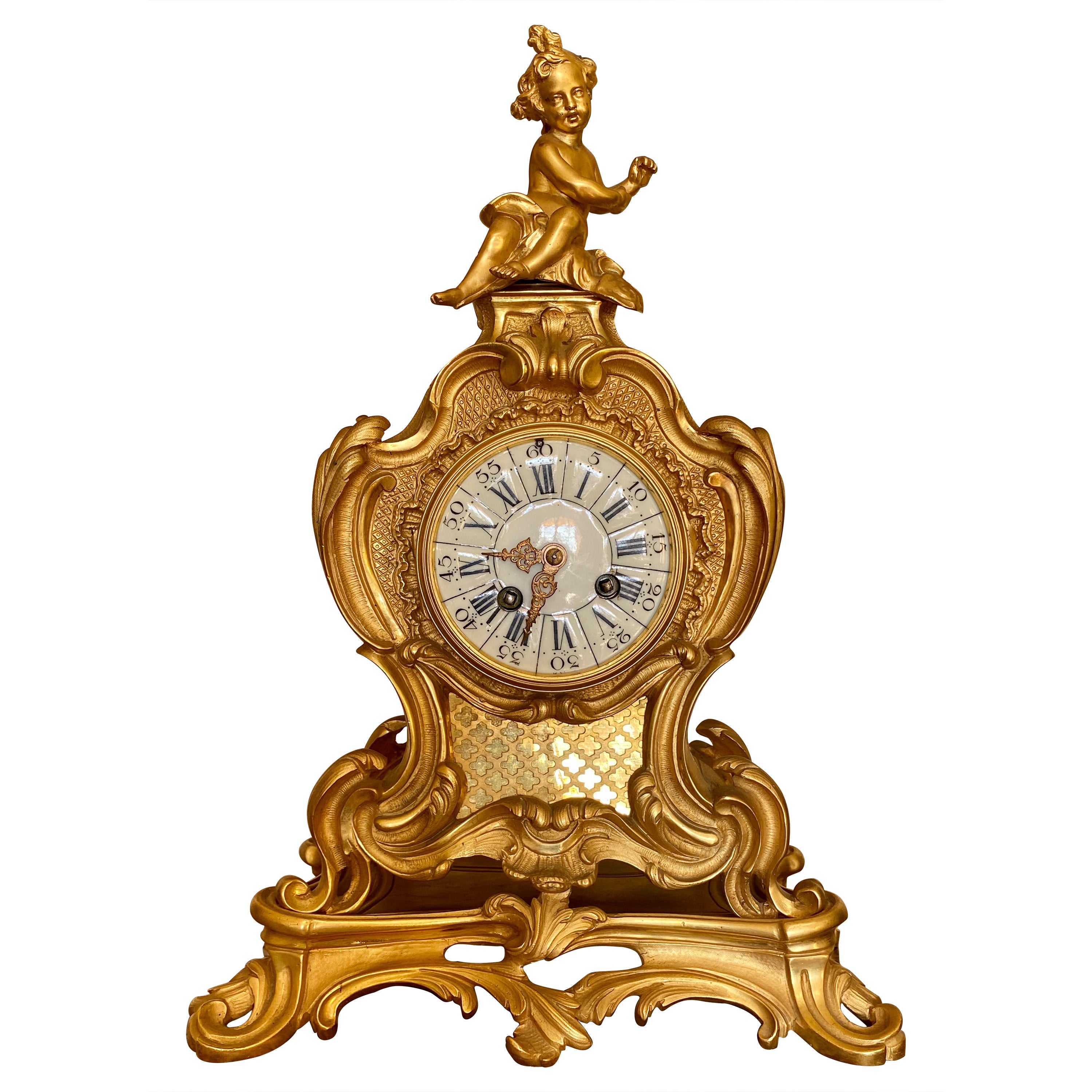 Louis XV Style Gilt Bronze Clock Rocaille, 19th Century