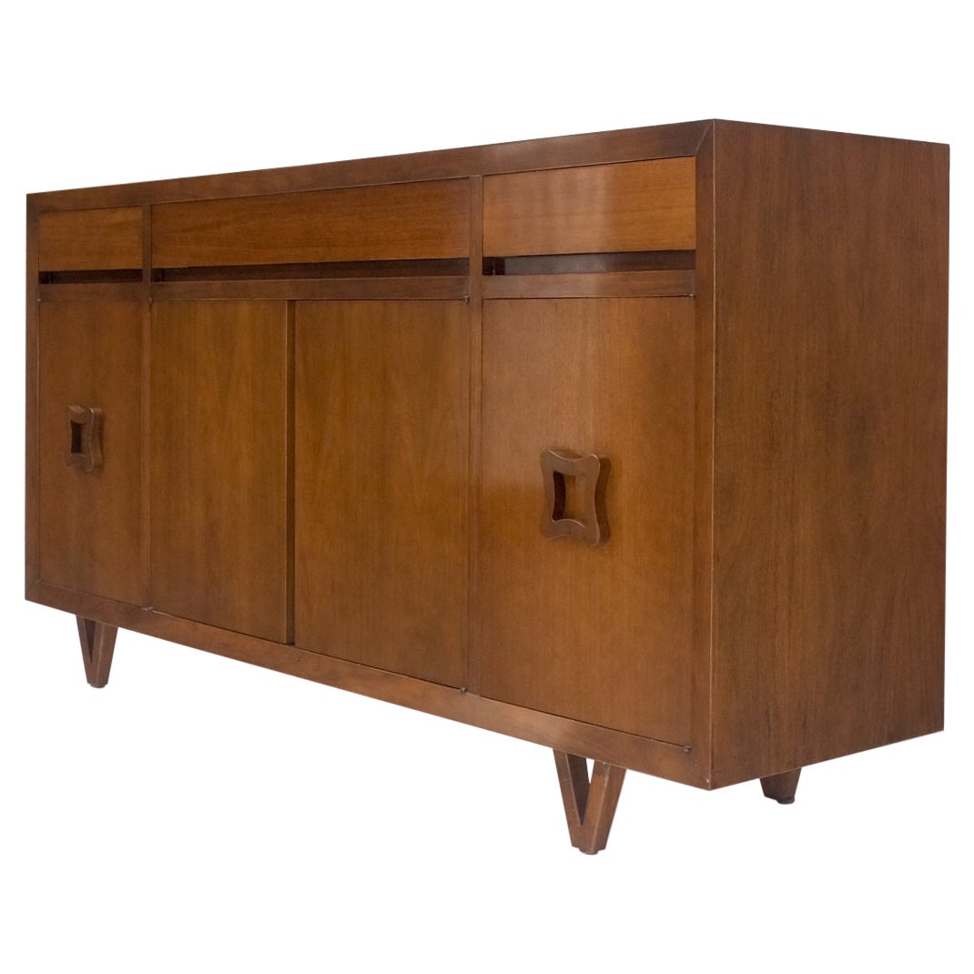 Mid Century V Shape Leg 4 Doors Compartments 3 Drawer Credenza Buffet Cabinet For Sale