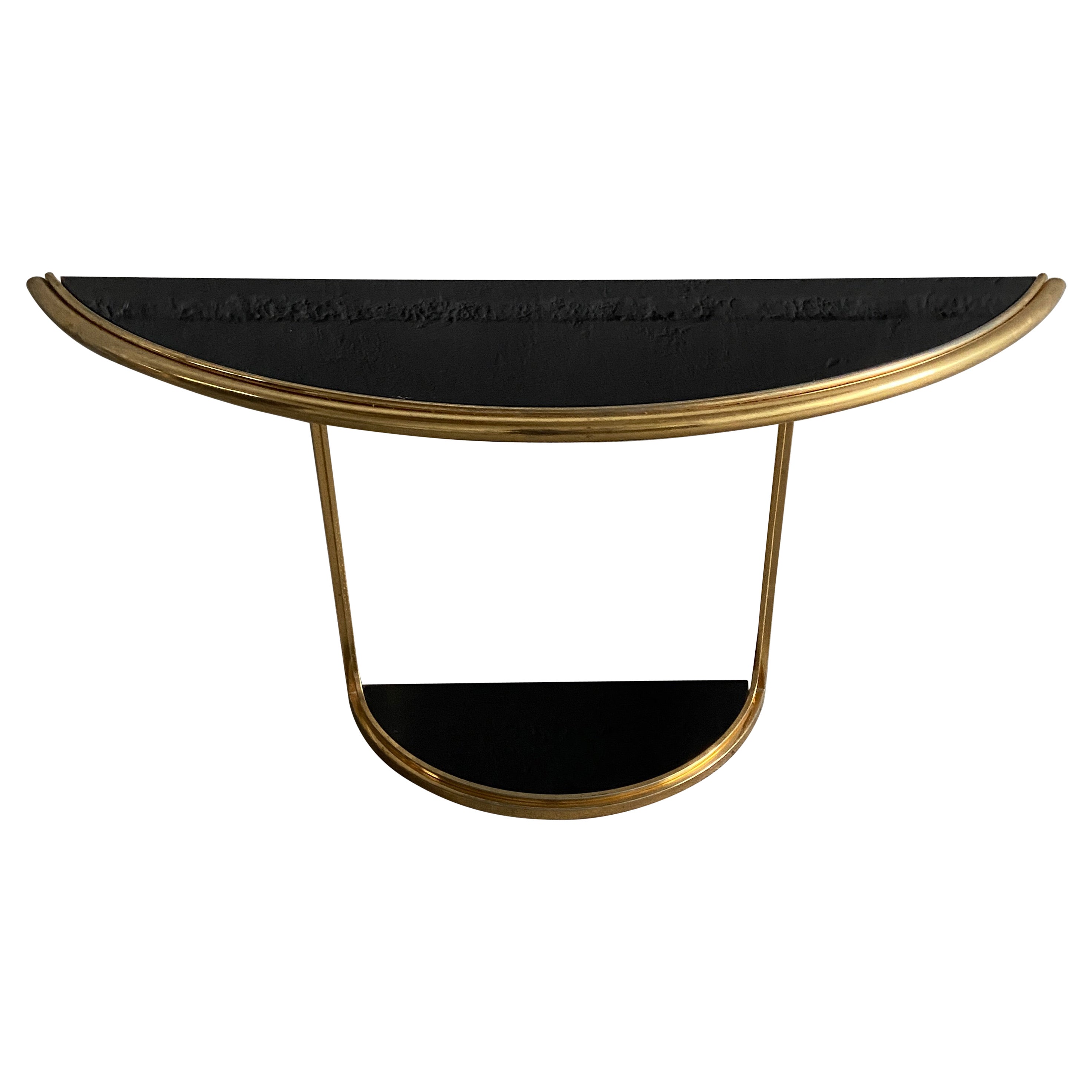 Mid-Century Modern Italian Gilt Metal Console Table with Black Glass Top, 1970s