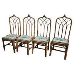 Mid-Century Modern Italian Set of 4 Bamboo and Leather Dining Chairs, 1970s