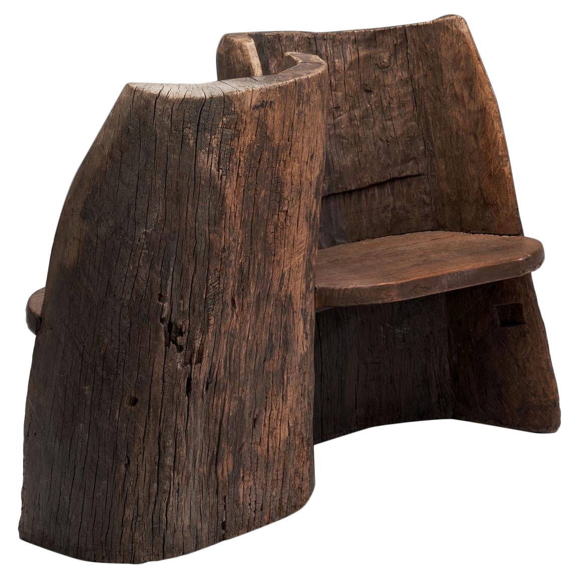 Tibetan Carved Wood “Tête a Tête” Love Seat, Tibet 19th Century