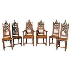 Neo-Gothic Set, 2 Armchairs & 4 Carved Chairs, 19th Century