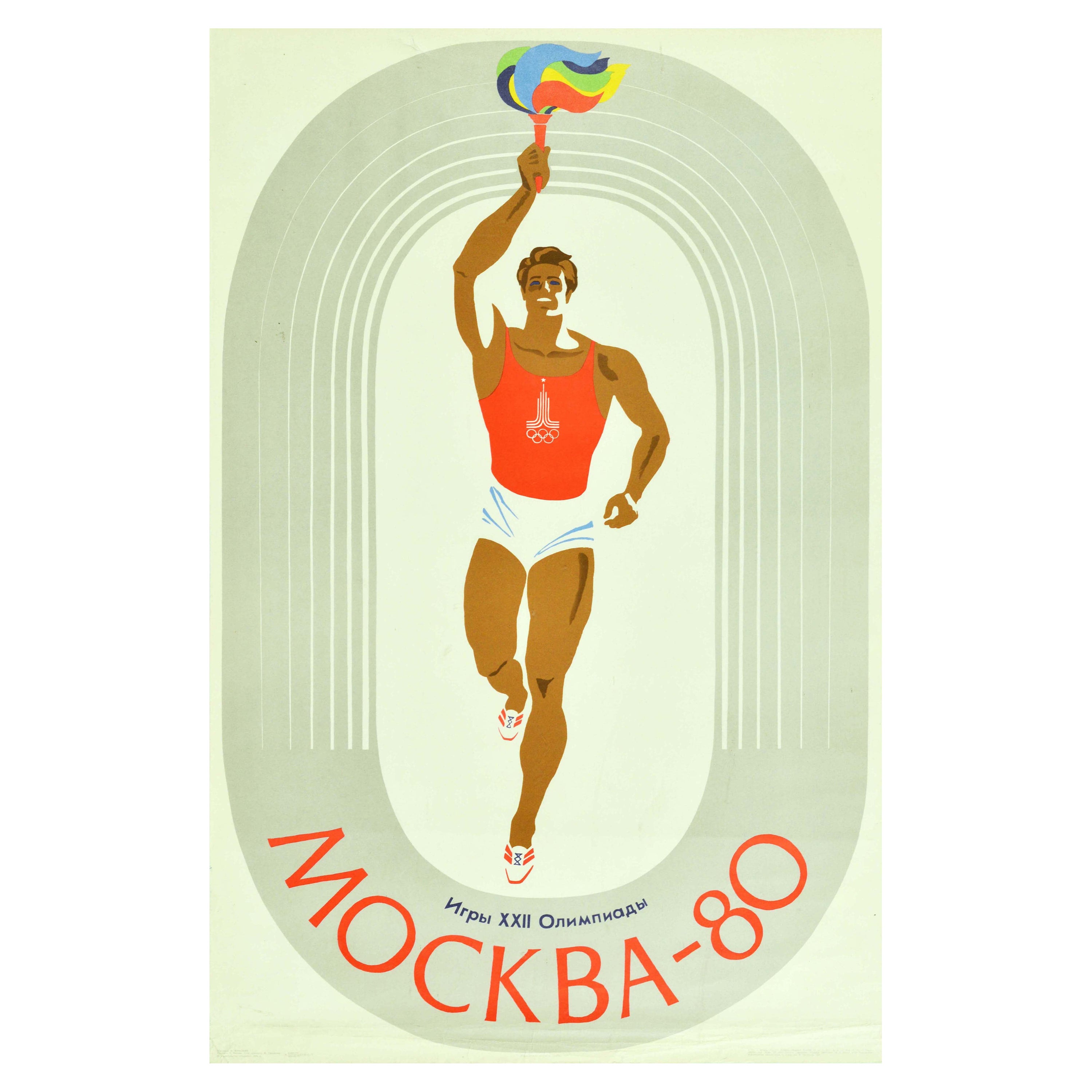 Original Vintage Sport Poster Olympic Games Moscow 80 Athletics Track Runner For Sale