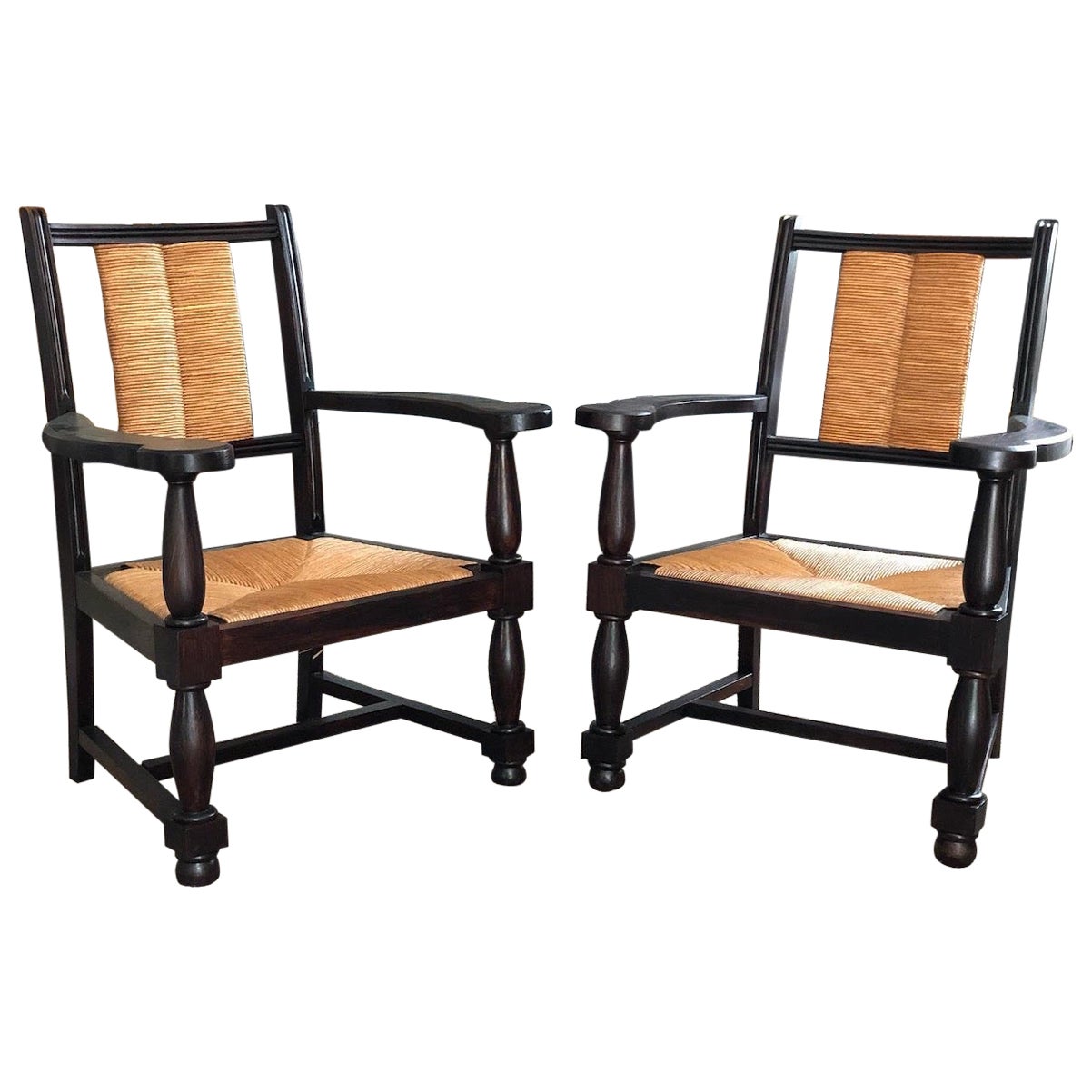Pair of Neo-Basque Armchairs in Oak and Straw, 1950
