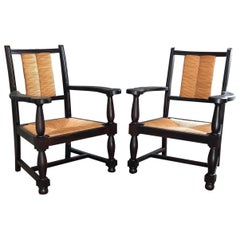 Pair of Neo-Basque Armchairs in Oak and Straw, 1950