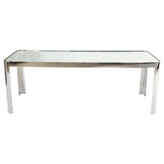 Grande et longue table console rectangulaire à coins arrondis en acier inoxydable et chrome