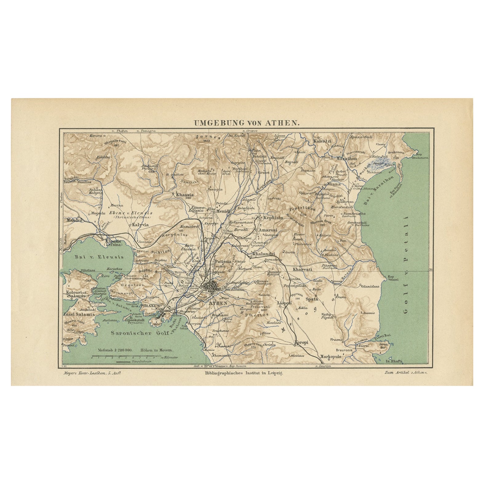 Antique Map of the Region of Athens from a German Atlas of 1893 For Sale