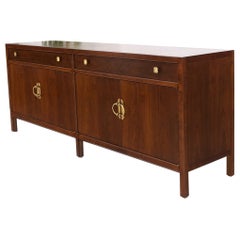 Vintage Long Walnut Mid-Century Modern Dresser Credenza w/ Brass Buckle Shape Pulls