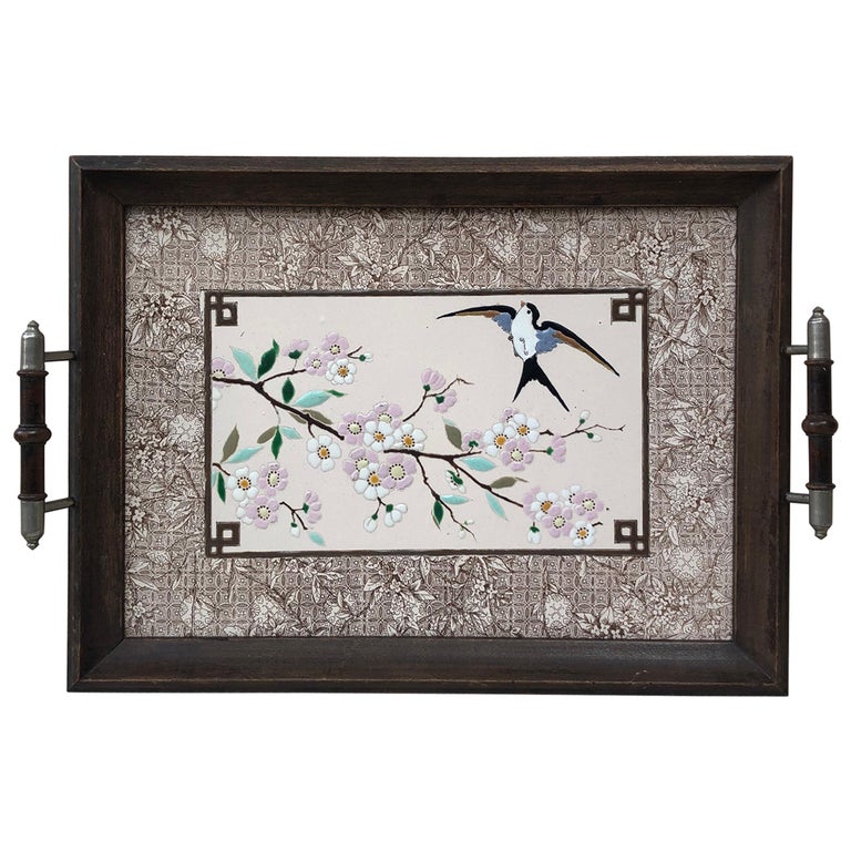19th Century Majolica Serving Tray with Birds Sarreguemines For Sale