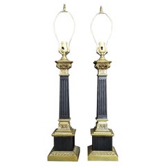 Vintage Neoclassical Fluted Corinthian Column Enamel & Brass Table Lamps, Pair