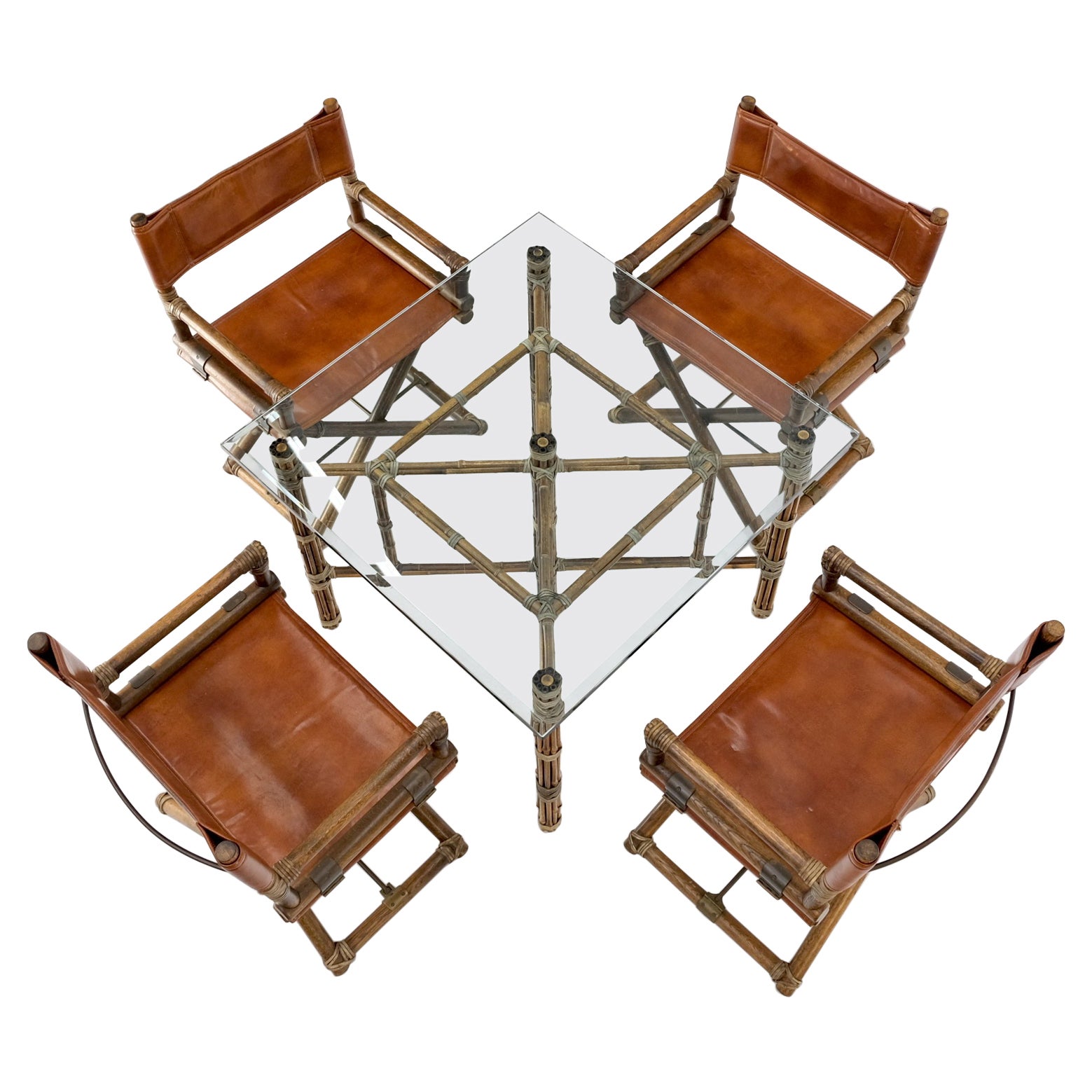 Set 4 Captain Leather Chairs Square Glass Top Dining Table Bamboo Base