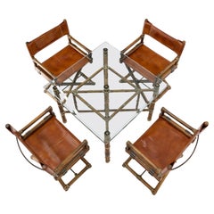Set 4 Captain Leather Chairs Square Glass Top Dining Table Bamboo Base