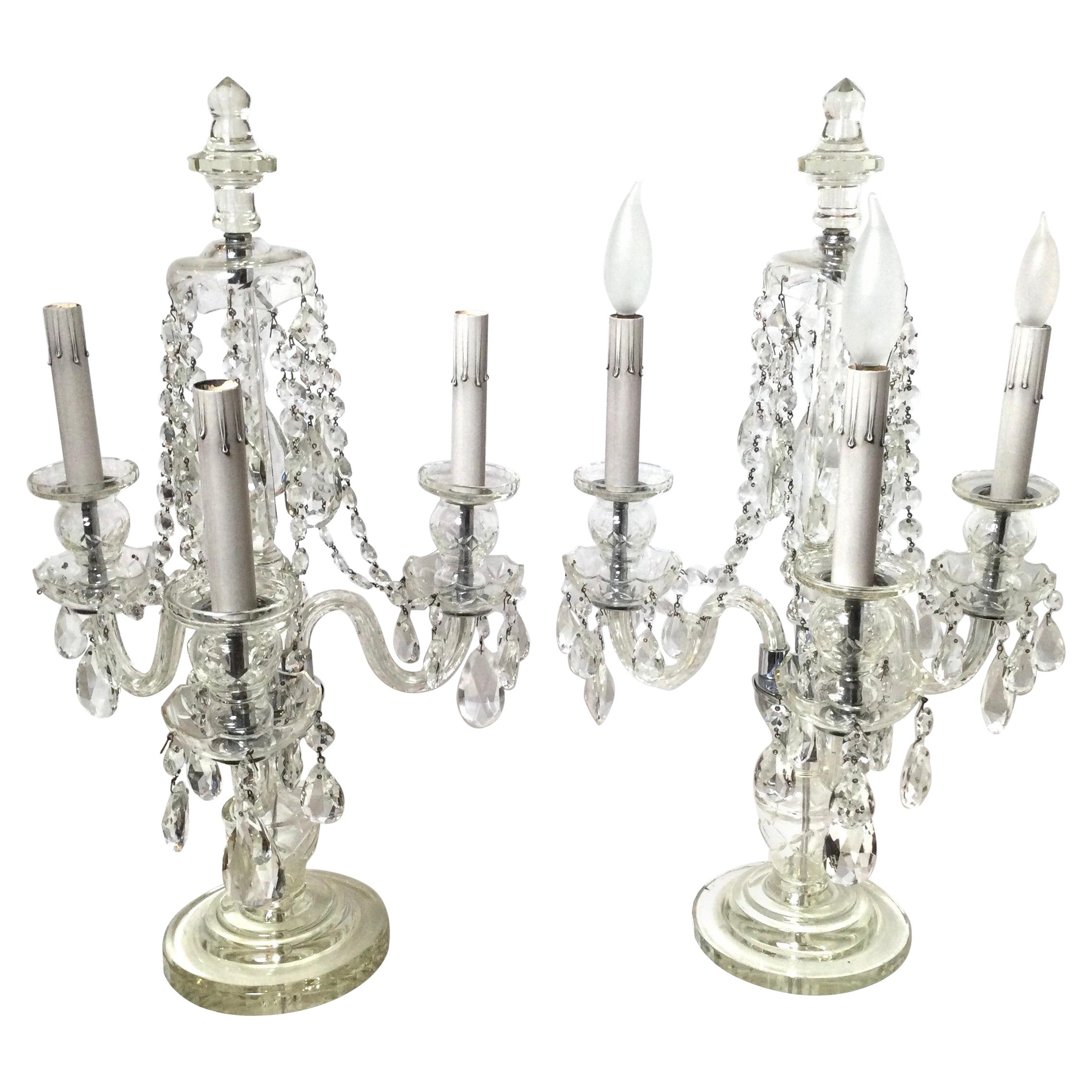 Pair of Cut Glass Three Light Girandole Lamps For Sale