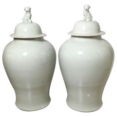Vintage Pair Of Off White Blanc De Chine Monumental Porcelain Temple Jars
