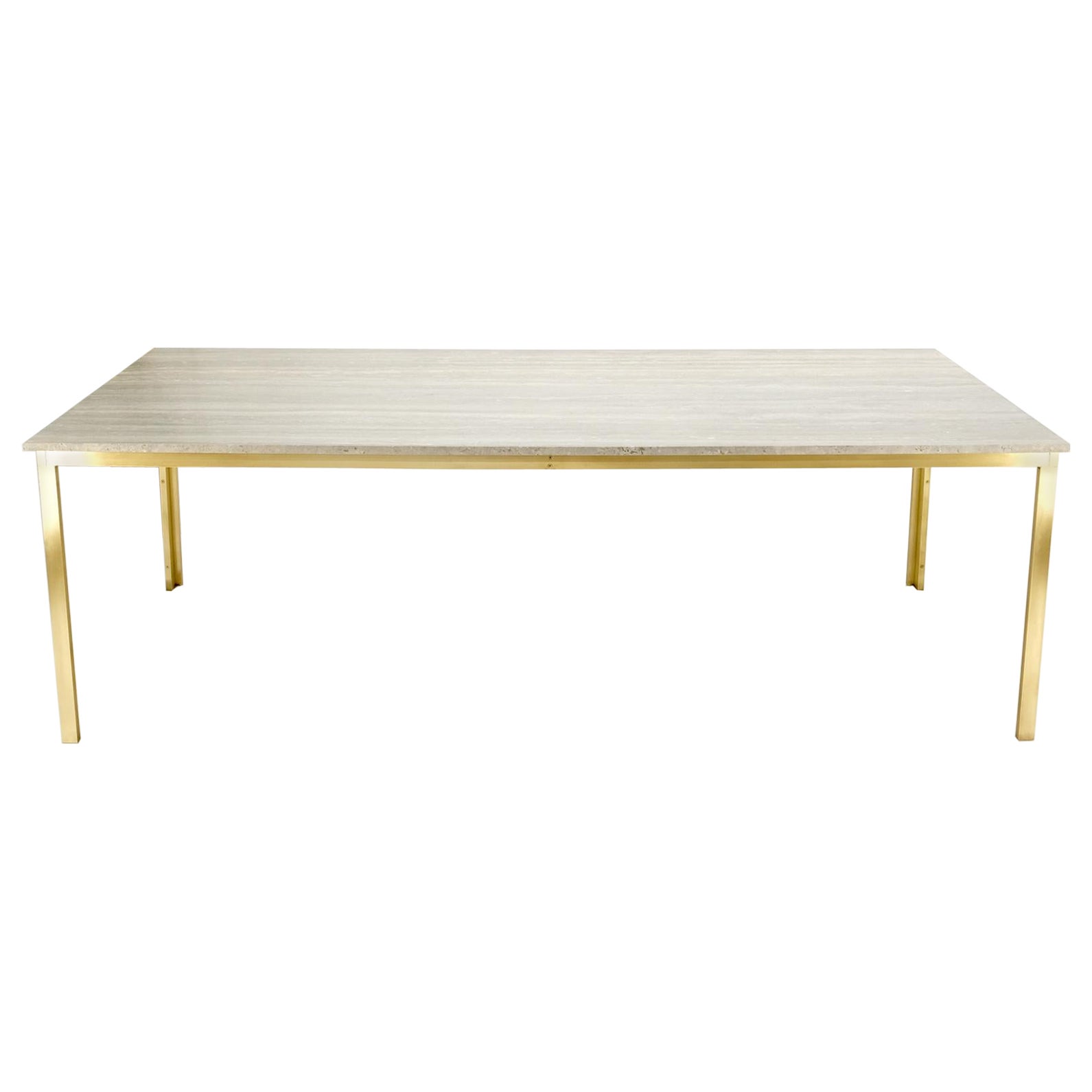 Large Heavy Solid Brass Base Travertine Top Rectangle Dining Table