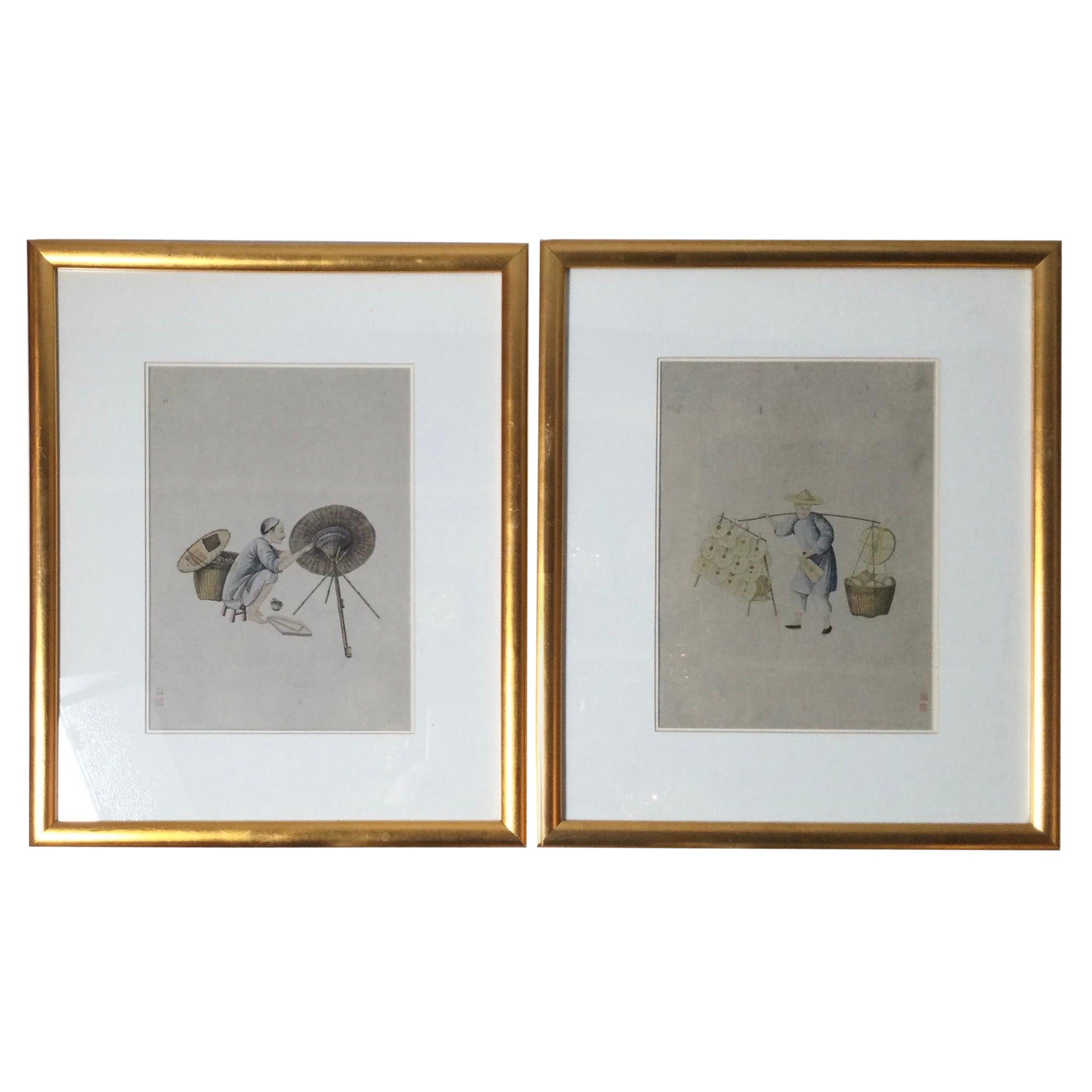 Antique Pair of Framed Mid 19th Century Chinese Export Hand Painted Watercolors