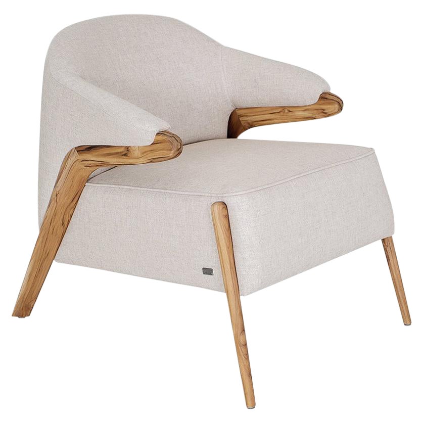 Osa Upholstered Curve Back Armchair in Teak Wood Finish and Beige Fabric For Sale